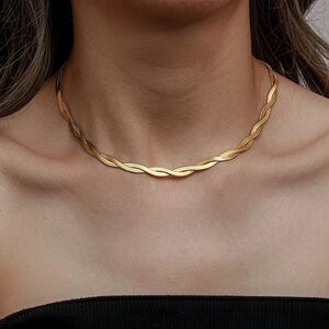18K Gold Plated Braided Herringbone Chain Necklace